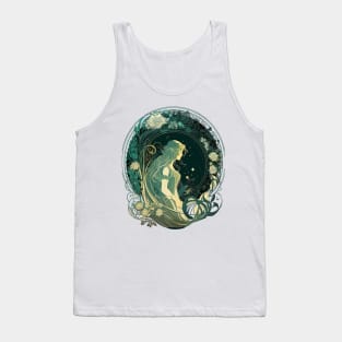 Girl In A Night Sky Green Floral Art Nouveau Alphonse Mucha Circle Graphic Design Tank Top